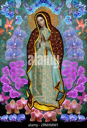 Colourful illustration of the virgin of guadalupe surrounded by orchid flowers on a cosmic background, Mexican Virgen de Guadalupe Stock Photo