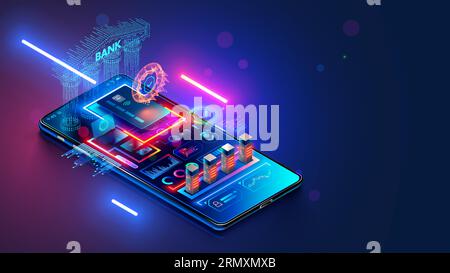 Concetto di app per telefono mobile banking online. Banca digitale astratta nello smartphone. Applicazione Internet bancaria su telefono cellulare con schermo. Sicurezza dei dispositivi mobili Illustrazione Vettoriale