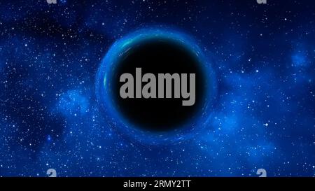 Rendering 3D di un buco nero supermassiccio, in primo piano contro una galassia e un cielo stellato Foto Stock