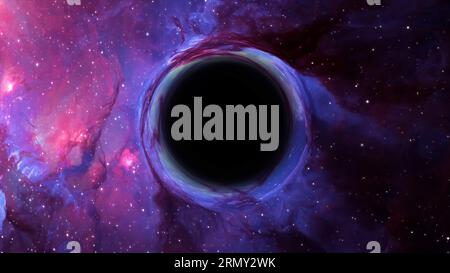 Rendering 3D di un buco nero supermassiccio, in primo piano contro una galassia e un cielo stellato Foto Stock