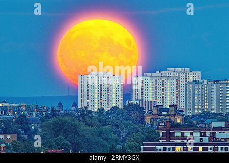 Glasgow, Scozia, Regno Unito. 30 agosto 2023. Tempo nel Regno Unito: August Sturgeon Moon superMoon così luminoso da illuminare il nebbioso cielo notturno sulle timide alture del centro della città dall'estremità occidentale Credit Gerard Ferry/Alamy Live News Foto Stock