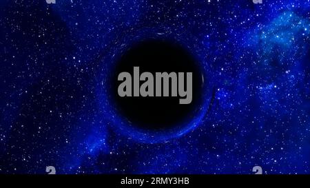 Rendering 3D di un buco nero supermassiccio, in primo piano contro una galassia e un cielo stellato Foto Stock