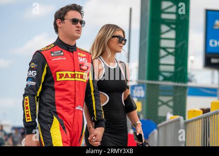 Daytona, Florida, Stati Uniti. 25 agosto 2023. NASCAR Xfinity driver, Gray Gaulding (08) scende in pista per la Wawa 250 motorizzata dalla Coca-Cola al Daytona International Speedway di Daytona, Florida. (Immagine di credito: © Logan T Arce Grindstone Media GR/ASP) SOLO USO EDITORIALE! Non per USO commerciale! Foto Stock