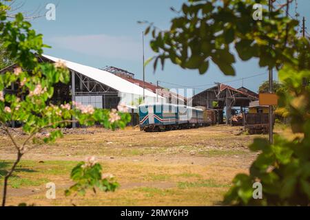 Vecchia stazione ferroviaria di Puerto Limon, Costa rica, con locomotive, binari e materiale rotabile trascurati. Stazione finale di una volta importante banana o giungla ra Foto Stock