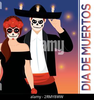 Coppia carina con costumi di morte dia de los muertos Vector Illustrazione Vettoriale