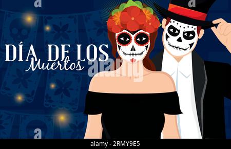 Coppia carina con costumi di morte dia de los muertos Vector Illustrazione Vettoriale