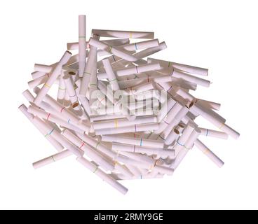 A stack of paper e-cigarettes viewed from above on a white backdrop used by inserting them into an electronic tobacco stick to deliver inhaled nicotin Stock Photo