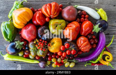 Coloratissimi pomodori heirloom su sfondo rustico grigio Foto Stock