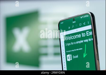 New York, USA - August 20, 2023: Learning how to use Microsoft excel mobile on smartphone screen macro with blurred logo background Stock Photo