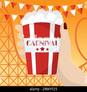 Ciotola per popcorn con ferretto a mano, parco divertimenti Vector Illustrazione Vettoriale