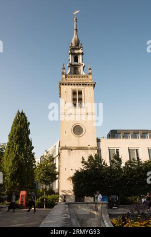 The tower and spire of the former Anglican church of St Augustine, New Change, City of London, EC4, London, England, U.K. Stock Photo