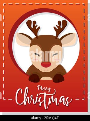 Biglietto d'invito verticale rosso di natale con il simpatico personaggio della renna Vector Illustrazione Vettoriale