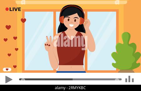 Riproduzione di video con una ragazza che ascolta musica streaming Concept Vector Illustrazione Vettoriale