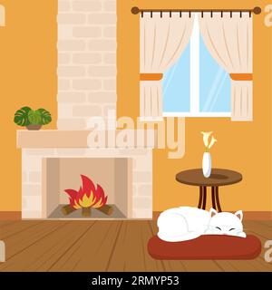 Grazioso animale domestico che riposa nel soggiorno con caminetto Hygge Lifestyle Vector Illustrazione Vettoriale