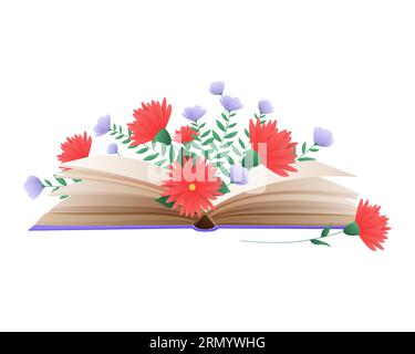 Libro aperto con fiori rossi e viola. Illustrazione vettoriale di cartoni animati di biblioteca e letteratura Illustrazione Vettoriale