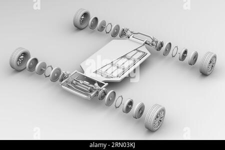 Vista isometrica esplosa del gruppo batterie del motore a bordo ruota e del veicolo elettrico. Stile di rendering in argilla. Illustrazione del rendering 3D. Foto Stock