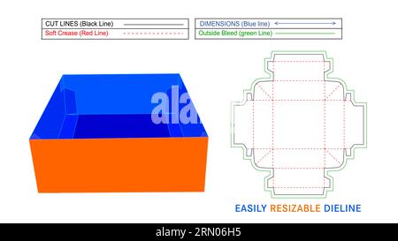 Box vassoi, scatola vassoio kwikset con linguette di rinforzo modello linea piastra modificabile e file vettoriale 3D. Illustrazione Vettoriale