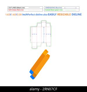 Scatola pieghevole RTE con estremità ribaltabile rovesciata scatola di cartone per alimenti (1,63x1,63x5,50) modello di linea stampo in pollici e file vettoriale 3D. Illustrazione Vettoriale