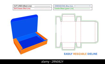 Scatola per indumenti, scatola per indumenti con estremità ripiegata modello linea die e file vettoriale 3D. Illustrazione Vettoriale
