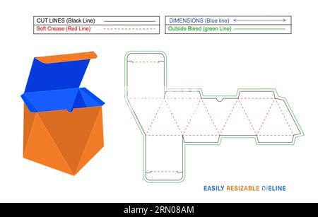 Scatola a 8 facce a rombo con estremità ripiegata o linea di stampo modello con sezione laterale angolata a 8 facce Illustrazione Vettoriale