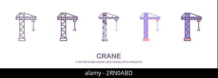Costruzione, gru, costruzione di icone lineari. Illustrazione a linee sottili. Gru a torre. Simbolo del contorno. Disegno del contorno isolato dal vettore. Tratto modificabile Illustrazione Vettoriale