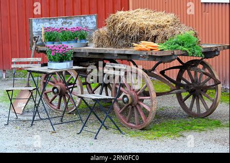 Vecchio carro in legno con mobili da giardino accanto Foto Stock