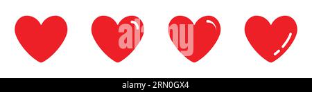 Simboli icona a forma di cuore rosso in stile lucido Set di quattro. Le icone rosse a forma di cuore impostano il vettore. Illustrazione Vettoriale