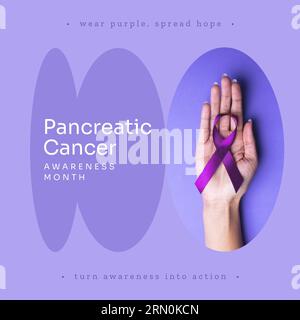 Composto di testo del mese di sensibilizzazione al cancro al pancreas e mano di donna birazziale con nastro viola Foto Stock