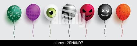 Gli elementi dei palloncini Halloween impostano il design vettoriale. Palloncini elementi gonfiabili di halloween con motivi spaventosi, spaventosi e inquietanti e decorazioni dei simboli. Illustrazione Vettoriale