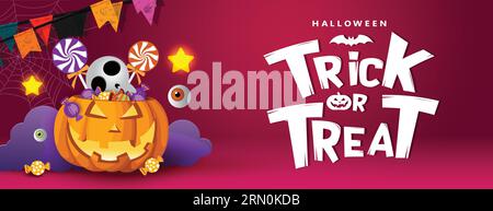Trucchi di Halloween o tratti il design vettoriale del testo. Lanterna di zucca di Halloween con dolci caramelle per festeggiare l'horror dei bambini. Vettore Illustrazione Vettoriale