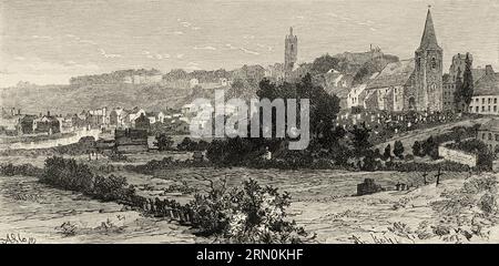 Vista panoramica generale della città belga di Thuin, provincia di Hainaut. Belgio, Europa. Viaggio in Belgio con Camille Lemonnier. Incisione del vecchio XIX secolo da le Tour du Monde 1906 Foto Stock