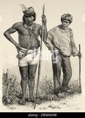 L'interprete indigeno Huambisa. Indiano del fiume Patuca vestito con i vestiti dei marinai della barca. Perù, Sud America. Amazzonia e catene montuose di Charles Wiener Mahler, 1879-1882. Incisione del vecchio XIX secolo da le Tour du Monde 1906 Foto Stock