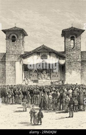 Chiesa di Moyobamba nel giorno del Corpus Christi. Perù, Sud America. Amazzonia e catene montuose di Charles Wiener Mahler, 1879-1882. Incisione del vecchio XIX secolo da le Tour du Monde 1906 Foto Stock