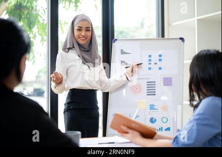 Una donna d'affari musulmana asiatica sicura e professionale presenta il suo progetto finanziario aziendale e ha riassunto i dati finanziari al suo team nel Foto Stock