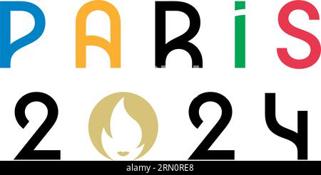 Ucraina, Charkiv - 2 agosto 2023. Parigi, Francia, 2024 Olimpiadi estive logo ufficiale. Illustrazione vettoriale dei giochi olimpici. Illustrazione Vettoriale