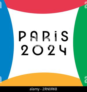Ucraina, Charkiv - 2 agosto 2023. Parigi, Francia, 2024 Olimpiadi estive logo ufficiale. Illustrazione vettoriale dei giochi olimpici. Illustrazione Vettoriale