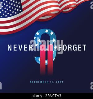 9/11 USA Never Forget 11 settembre 2001. Non dimenticheremo mai l'illustrazione concettuale vettoriale per il poster o il banner sui social media del Patriot Day USA Illustrazione Vettoriale