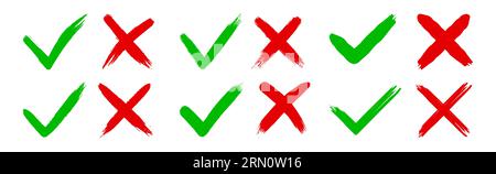 Grunge sporco disegnato a mano con tratti di pennello incrociati X e segni di spunta OK segni di spunta V insieme di illustrazioni vettoriali Illustrazione Vettoriale