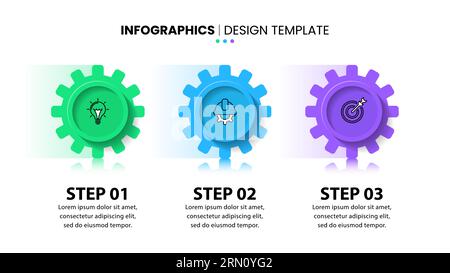 Modello infografico con icone e 3 opzioni o passaggi. Ingranaggi in fila. Può essere utilizzato per layout del flusso di lavoro, diagrammi, banner, webdesign. Illustrazione vettoriale Illustrazione Vettoriale