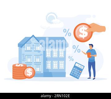 Concetto di mutuo per la casa. L'uomo paga un prestito per gli immobili. Investimenti e alfabetizzazione finanziaria. illustrazione moderna a vettore piatto Illustrazione Vettoriale