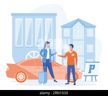 Concetto di servizio alberghiero. il parcheggiatore riceve le chiavi dall'auto del cliente. illustrazione moderna a vettore piatto Illustrazione Vettoriale