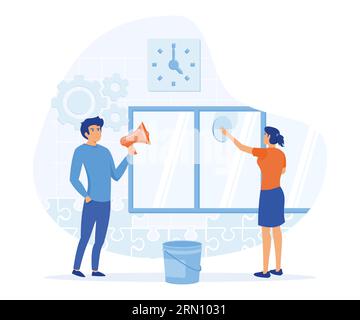 Concetto di business dell'hotel, personale esperto di formazione manager, servizio di lavanderia, cameriera che stirava la camicia degli ospiti, cameriere che serviva al banchetto. moderno a vettore piatto Illustrazione Vettoriale