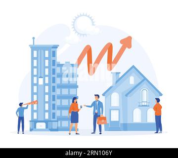 concetto di business immobiliare. crescita del mercato immobiliare, presentazione di una casa. illustrazione moderna a vettore piatto Illustrazione Vettoriale