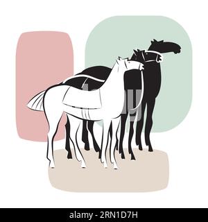 Tre cavalli da corsa su tre punti multicolore di sfondo. Disegno a mano di cavalli da corsa purosangue. Derby, equitazione. Graziosi trotter grafici per Illustrazione Vettoriale