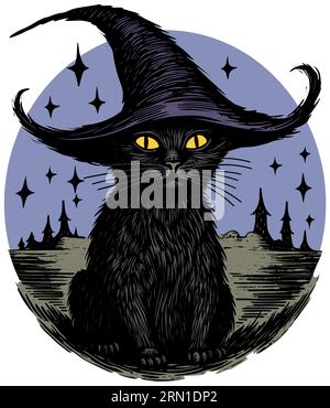 Illustrazione a cartoni animati di un gatto nero che indossa un magico cappello da streghe. Illustrazione Vettoriale