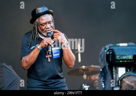 La leggenda reggae Horace Andy on the Mountain Stage al Green Man Festival in Galles, Regno Unito, agosto 2023. Foto: Rob Watkins Foto Stock