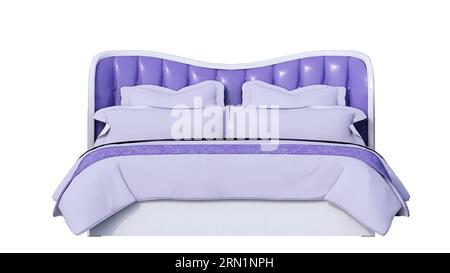 letto bianco viola e bianco con cuscini mockup, vista frontale, sfondo bianco in legno naturale, letto principale, copriletto Foto Stock