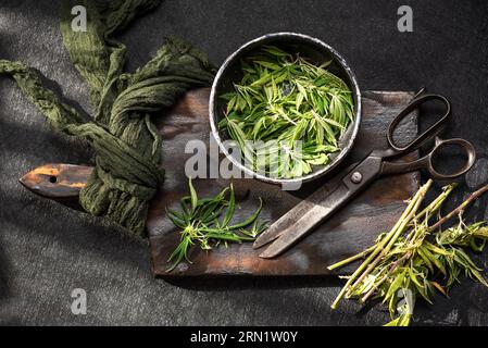 Rifilare una pianta di cannabis con forbici su un tagliere di legno su sfondo scuro Foto Stock