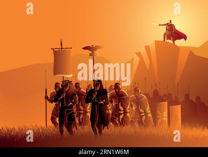 L'illustrazione vettoriale delle antiche legionarie di Roma marciano nel campo erboso, con il loro leader in piedi sulla roccia Illustrazione Vettoriale
