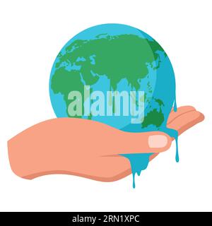 Semplice illustrazione vettoriale piatta della mano che tiene la terra di fusione, riscaldamento globale, salvare il concetto di terra Illustrazione Vettoriale